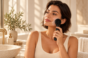 Femme utilisant la brosse nettoyante visage noire KVIL sur sa joue