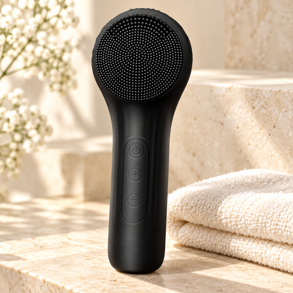 Brosse nettoyante visage noire KVIL en silicone, vue de face