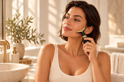 Femme utilisant l’appareil de massage visage noir