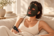 Illustration d’une femme utilisant le masque LED noir à la maison