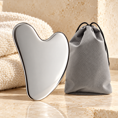 Gua sha visage en inox, modèle cœur avec pochette